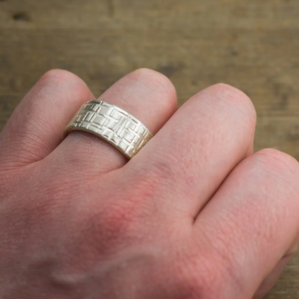 10mm 14k White Gold Mens Wedding Band, Textured Matte