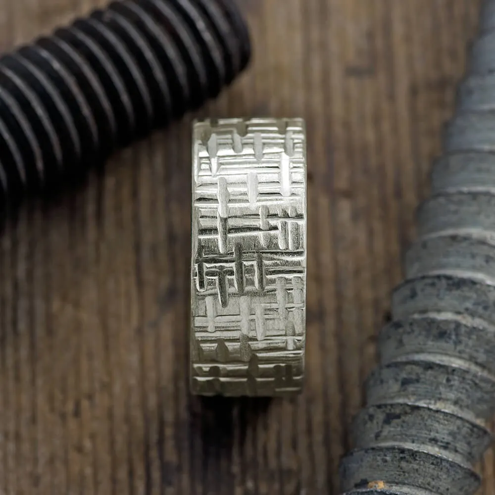 10mm 14k White Gold Mens Wedding Band, Textured Matte