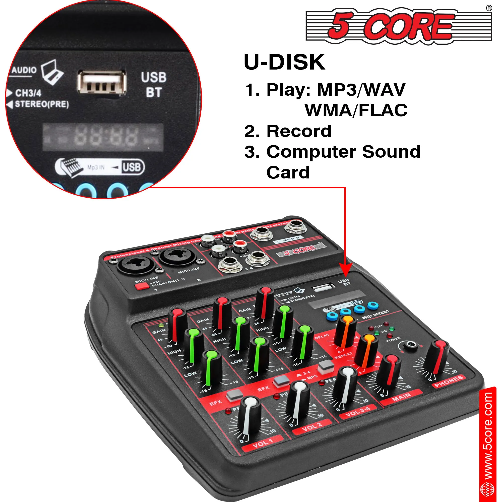 5 Core 4 Channel Compact Studio Mixer with Built-In Effects & USB Interface Bluetooth- Digital Mixer for Home Studio Recording, Podcast DJs and more MX 4CH