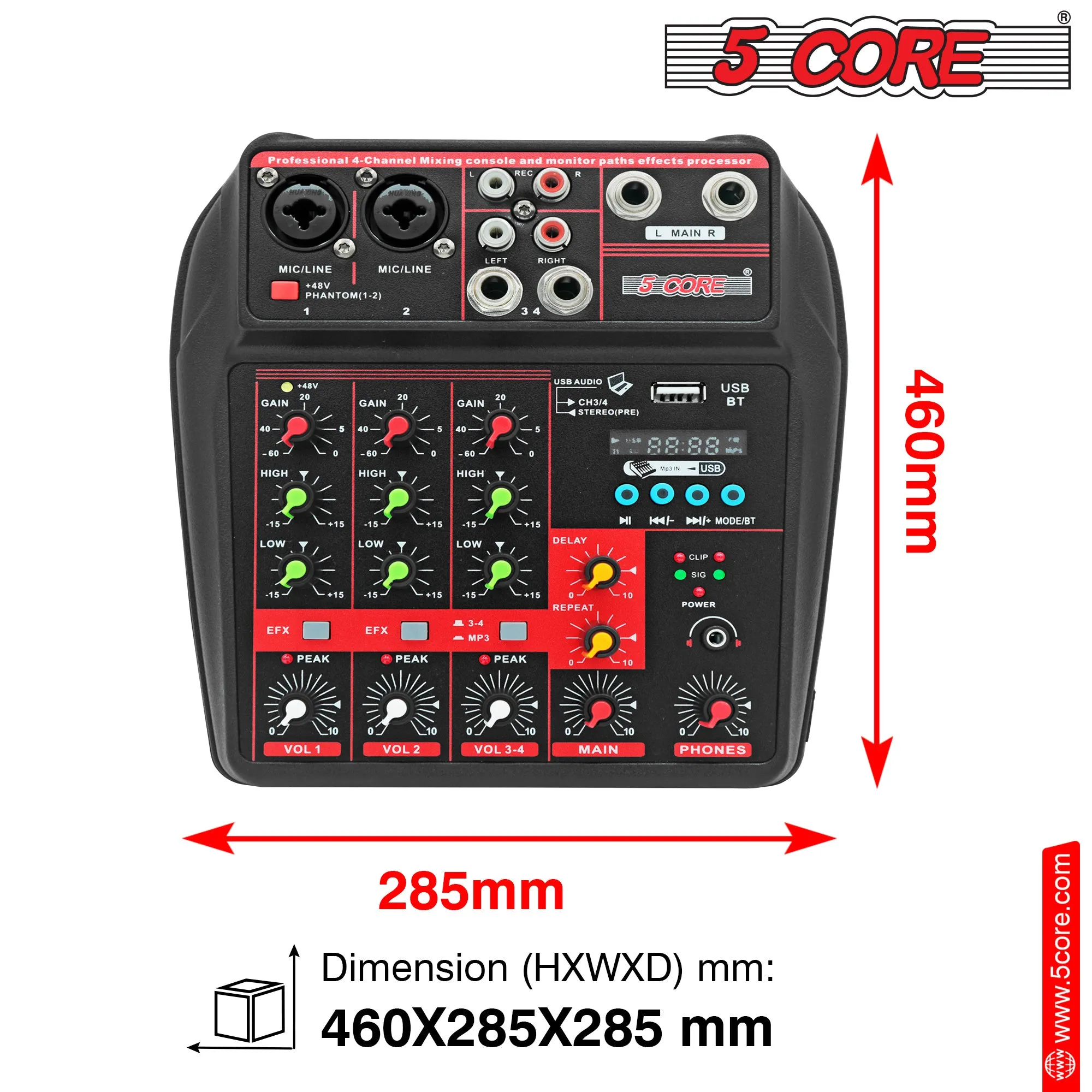 5 Core 4 Channel Compact Studio Mixer with Built-In Effects & USB Interface Bluetooth- Digital Mixer for Home Studio Recording, Podcast DJs and more MX 4CH