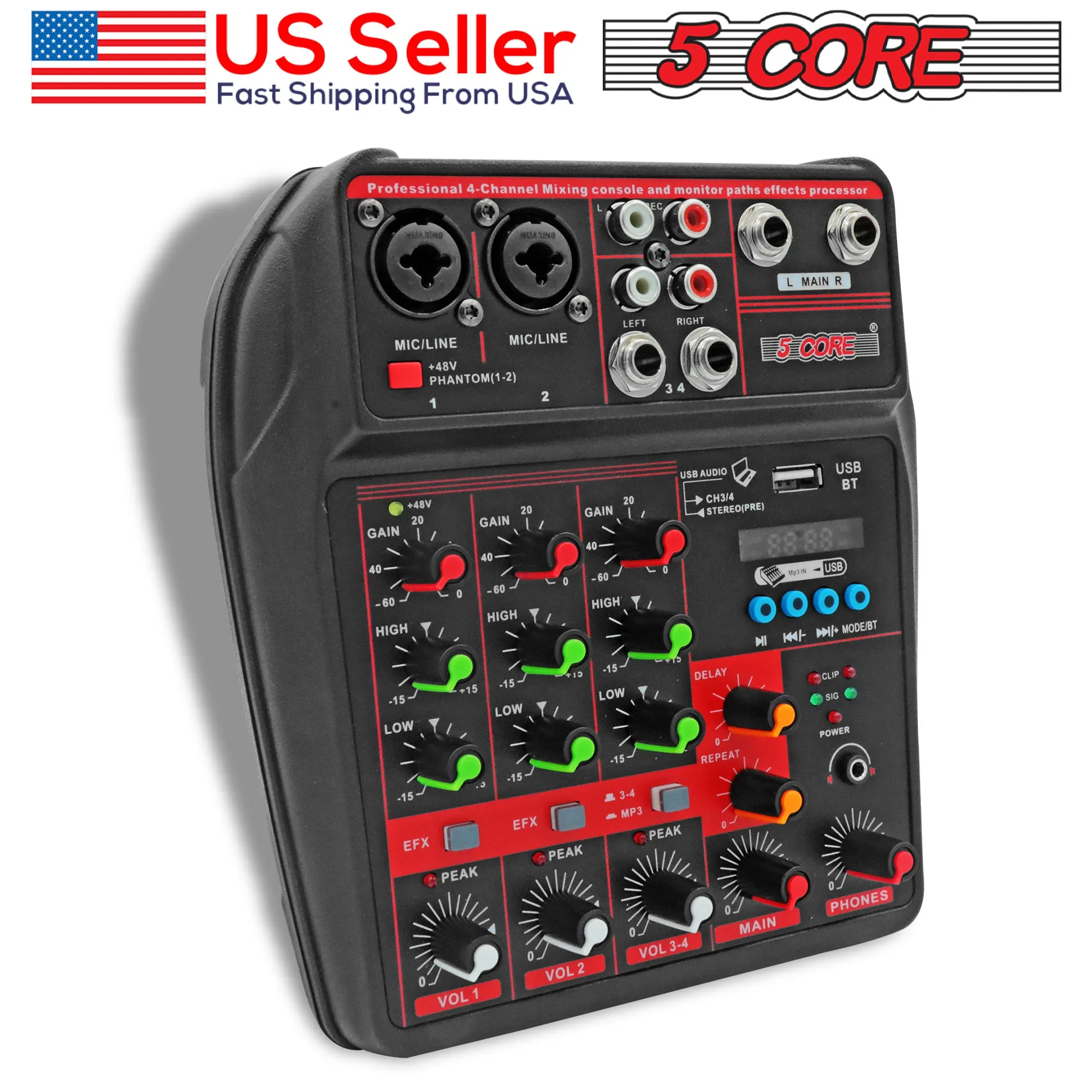 5 Core 4 Channel Compact Studio Mixer with Built-In Effects & USB Interface Bluetooth- Digital Mixer for Home Studio Recording, Podcast DJs and more MX 4CH