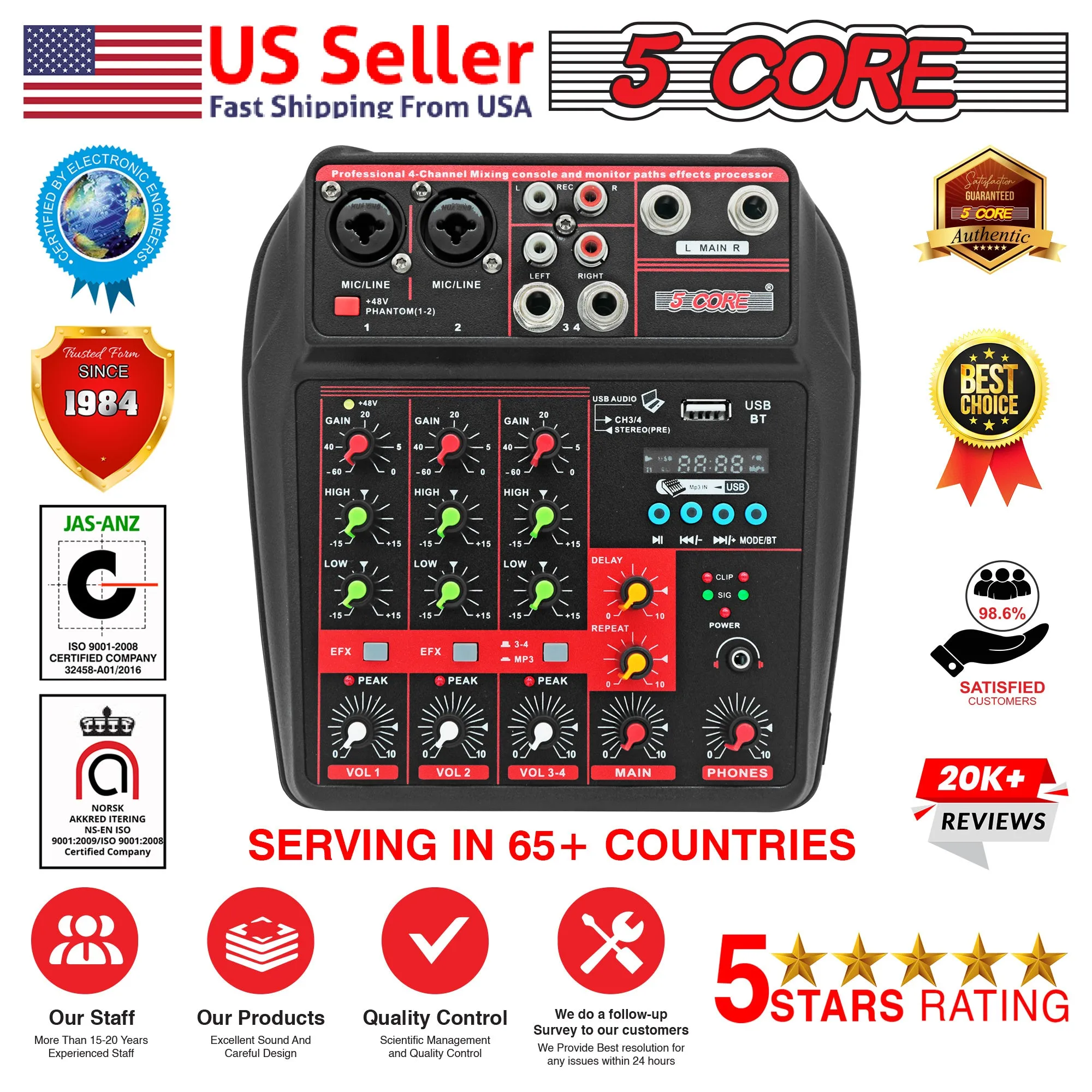 5 Core 4 Channel Compact Studio Mixer with Built-In Effects & USB Interface Bluetooth- Digital Mixer for Home Studio Recording, Podcast DJs and more MX 4CH