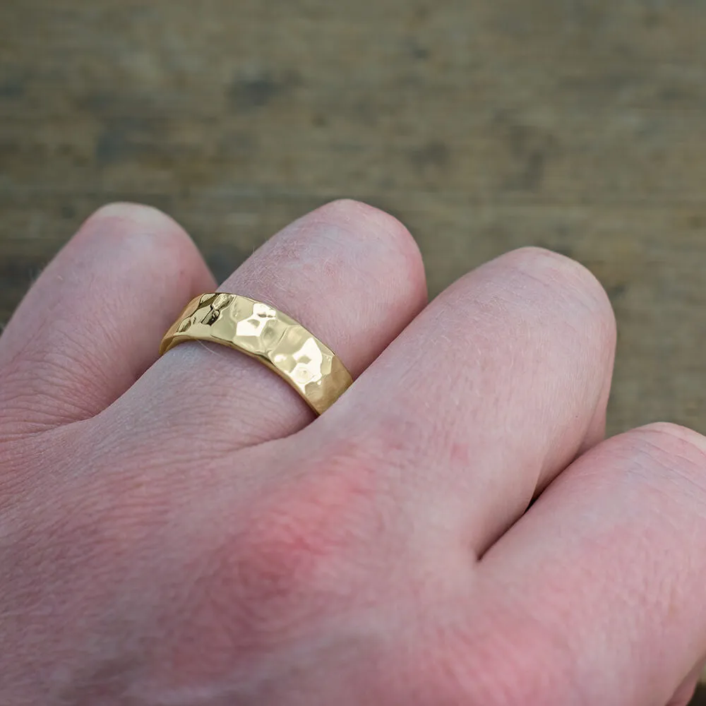 6mm 14k Yellow Gold Mens Wedding Band, Hammered Polished