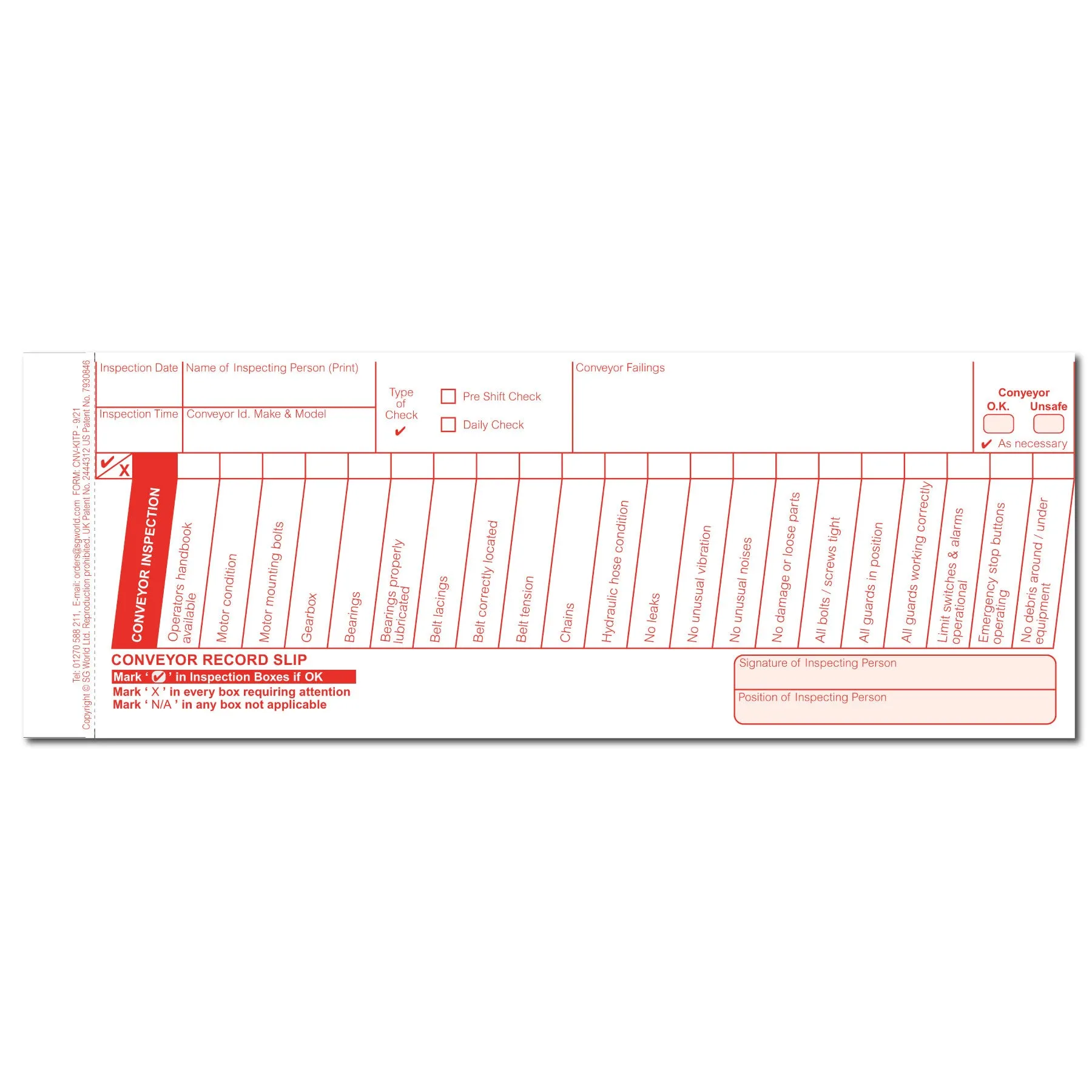 Conveyor Pre-Use Visual Inspection Checklist (pad of 30)