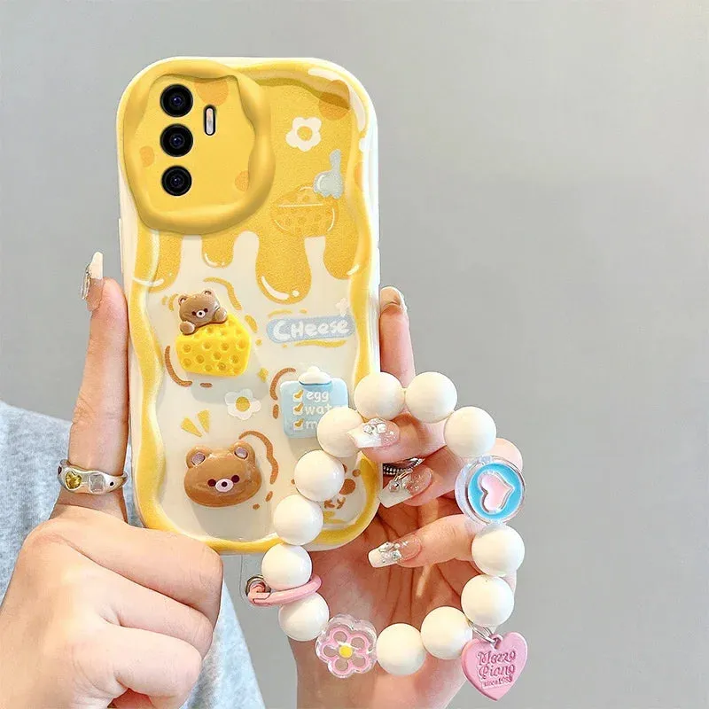 Cute Adorable Kuromi Rabbit Bear Wrist Strap Phone Case Cover For Samsung Galaxy S24 S23 S22 Ultra S21 FE