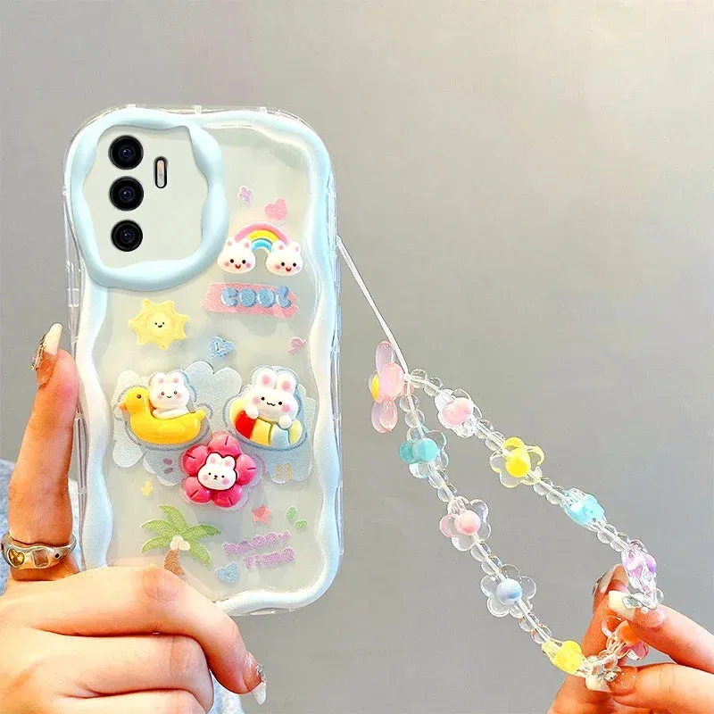 Cute Adorable Kuromi Rabbit Bear Wrist Strap Phone Case Cover For Samsung Galaxy S24 S23 S22 Ultra S21 FE