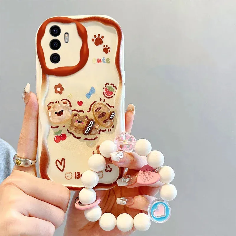 Cute Adorable Kuromi Rabbit Bear Wrist Strap Phone Case Cover For Samsung Galaxy S24 S23 S22 Ultra S21 FE