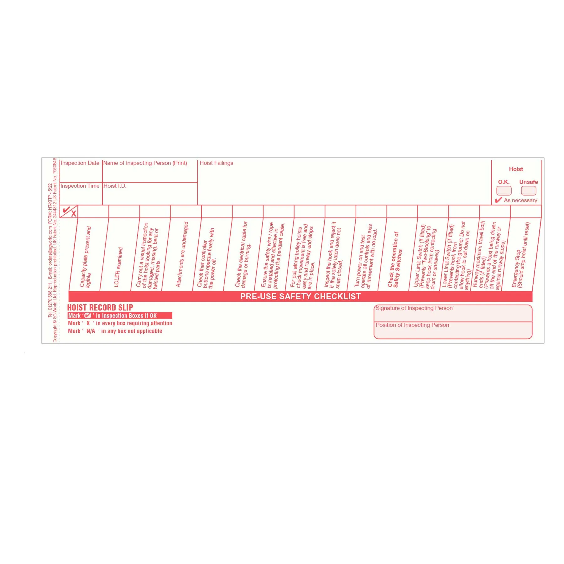 Hoist Pre-Use Visual Inspection Checklist (Pad of 30)