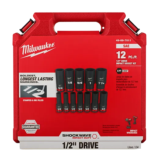 Milwaukee 12PCSHOCKWAVE Impact Duty™ 1/2" Drive SAE Deep 6 Point Socket Set