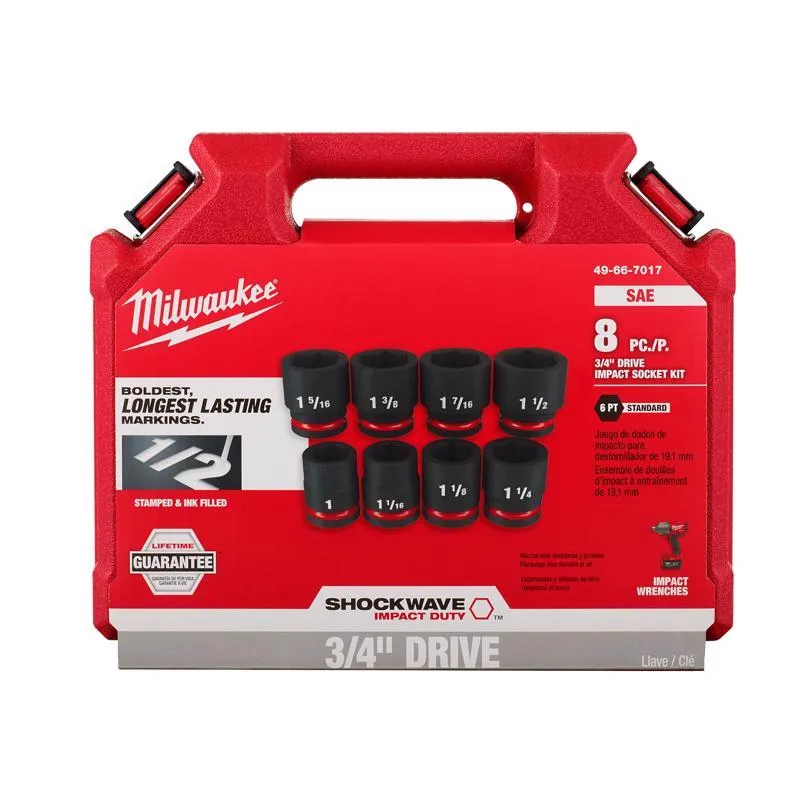 Milwaukee Shockwave 1-3/8 in. X 3/4 in. drive SAE 6 Point Standard Impact Socket Set 8 pc