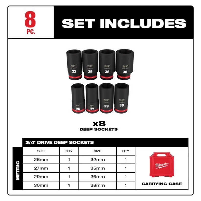 Milwaukee Shockwave 3/4 in. drive Metric 6 Point Deep Impact Socket Set 8 pc