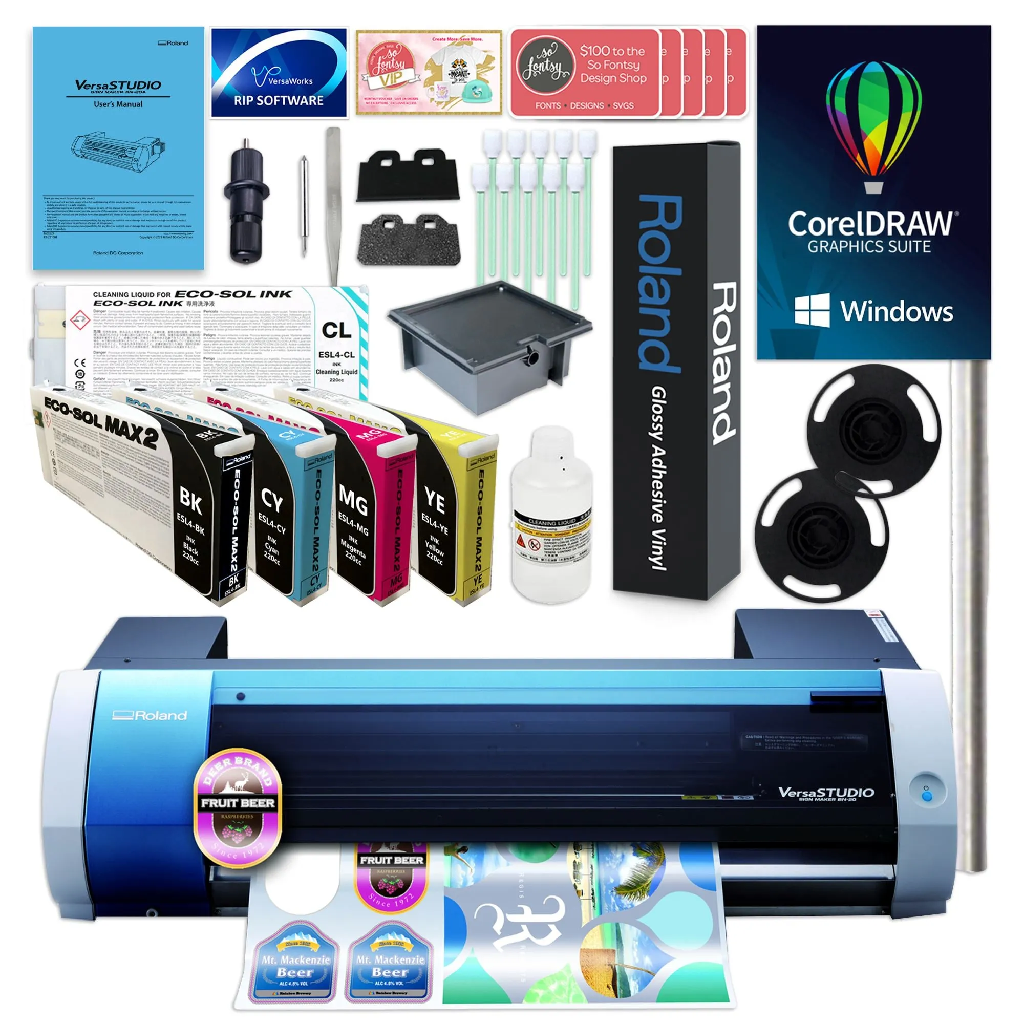 Roland BN-20A Desktop 20" Eco-Solvent Printer & Cutter w/ CMYK Inks & CorelDRAW