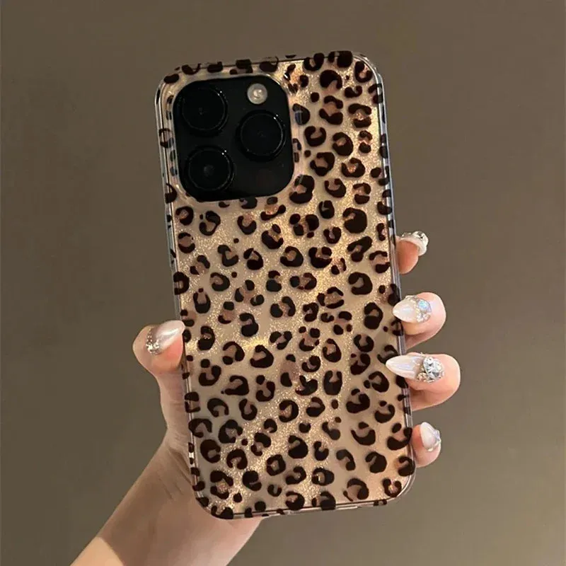 Uakiss Retro Brown Leopard Print Clear Phone Case For iPhone 16 15 14 13 12 11 Pro Max 15 Pro XS XR X 7 8Plus Shockproof Silicone Cover