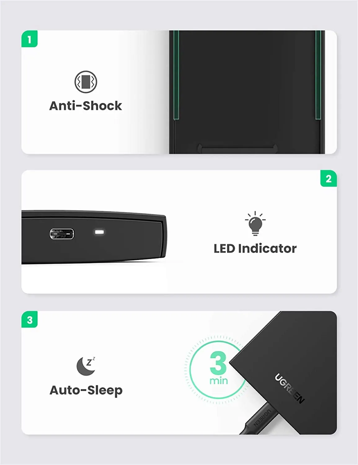 UGREEN-US221 USB-C 2.5 Inch External Hard Drive Disk Case 2.5 inch USB 3.1 Gen 2 Up to 6Gbps Type C to SATA Adapter for 7.5mm/9.5mm 2.5 Inch SATA I II III, PS4, HDD, SSD