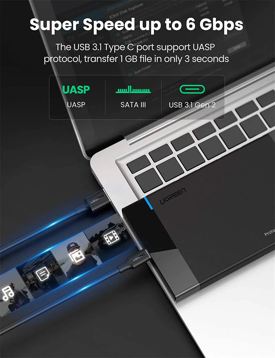 UGREEN-US221 USB-C 2.5 Inch External Hard Drive Disk Case 2.5 inch USB 3.1 Gen 2 Up to 6Gbps Type C to SATA Adapter for 7.5mm/9.5mm 2.5 Inch SATA I II III, PS4, HDD, SSD