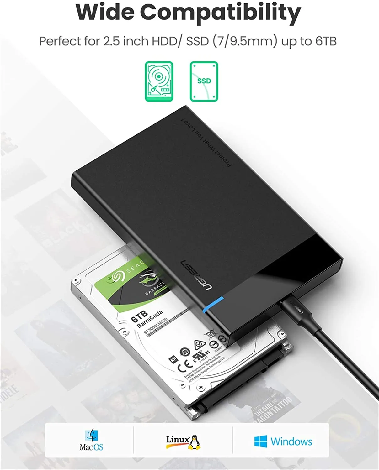 UGREEN-US221 USB-C 2.5 Inch External Hard Drive Disk Case 2.5 inch USB 3.1 Gen 2 Up to 6Gbps Type C to SATA Adapter for 7.5mm/9.5mm 2.5 Inch SATA I II III, PS4, HDD, SSD