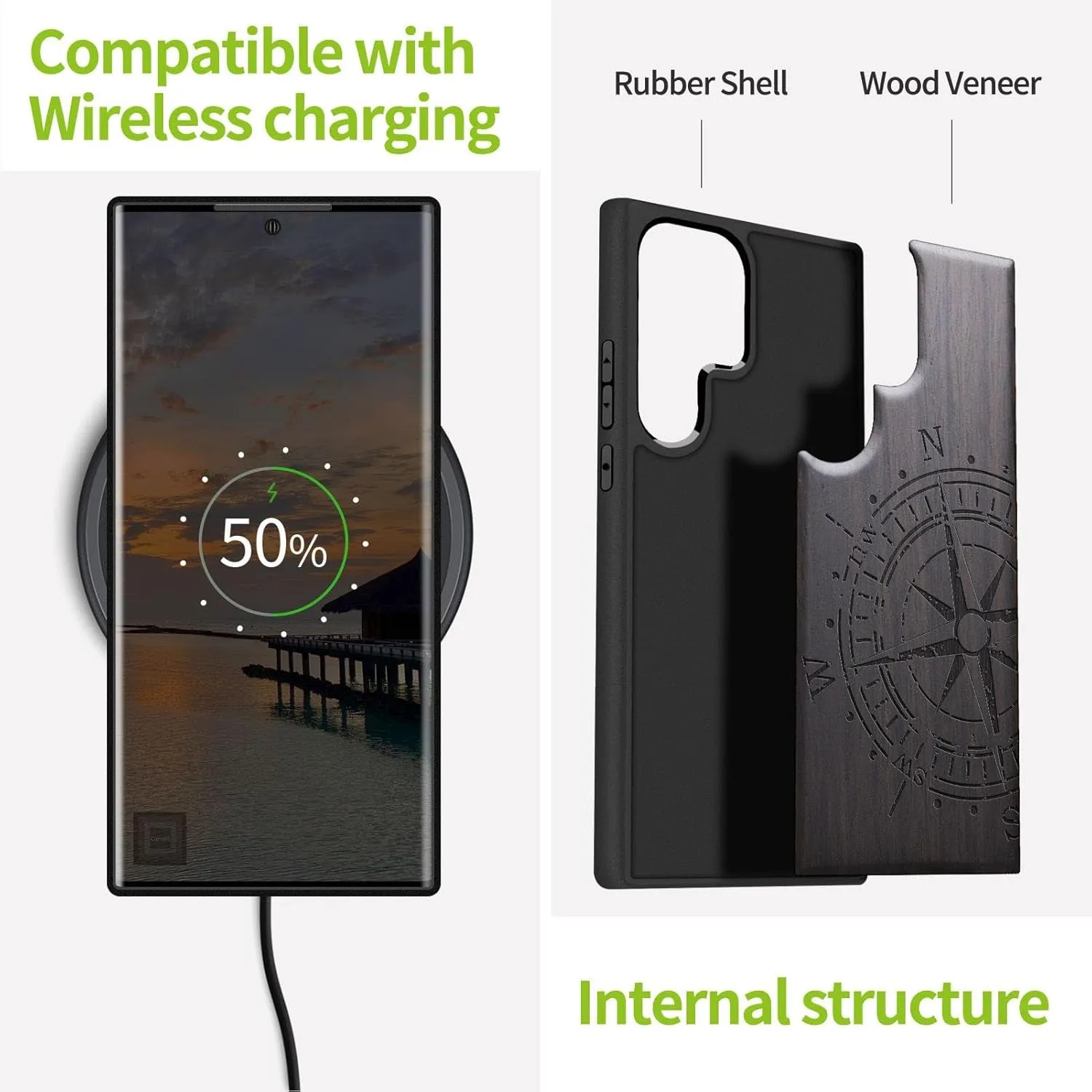 Wood Case for Galaxy S24 Ultra Case 2024 [Natural Wood & Black Soft TPU] Shockproof Protective Cover Unique Wooden Case Compatible with Samsung S24 Ultra (Incomplete Compass-Blackwood)